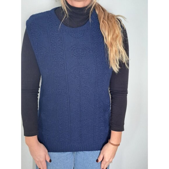 Vtg Pendleton Navy Blue Virgin Wool Sleeveless Sweater Vest M USA Floral Womens - Picture 4 of 7
